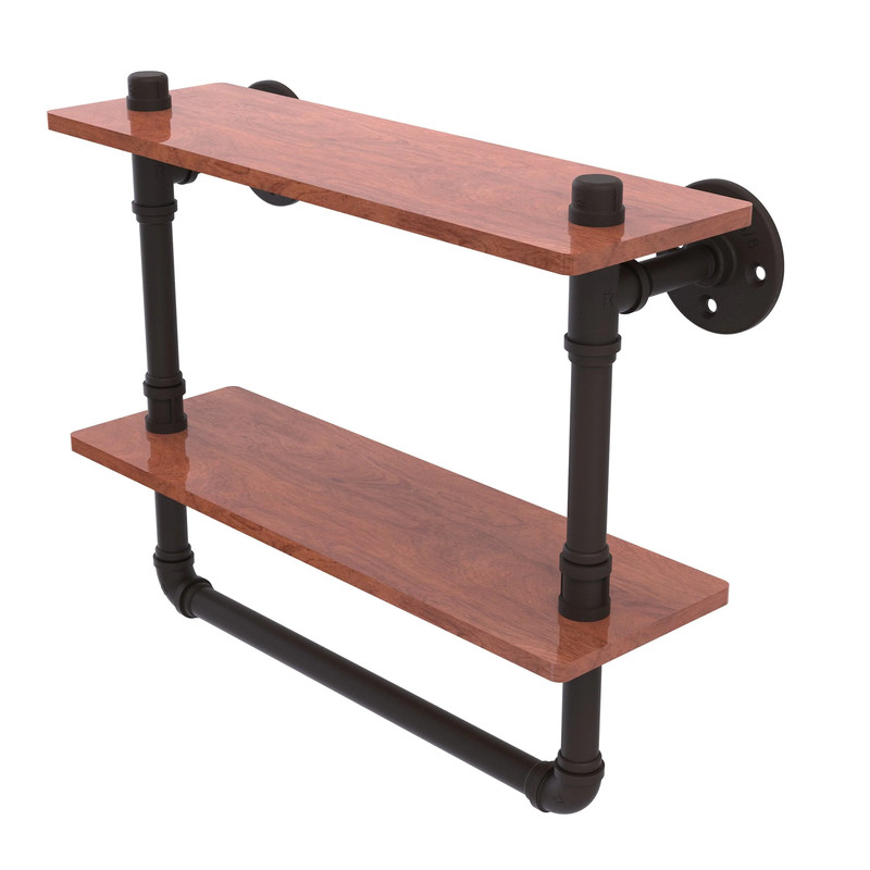 16" Double Ironwood Shelf with Towel Bar, Matt Black Finish
